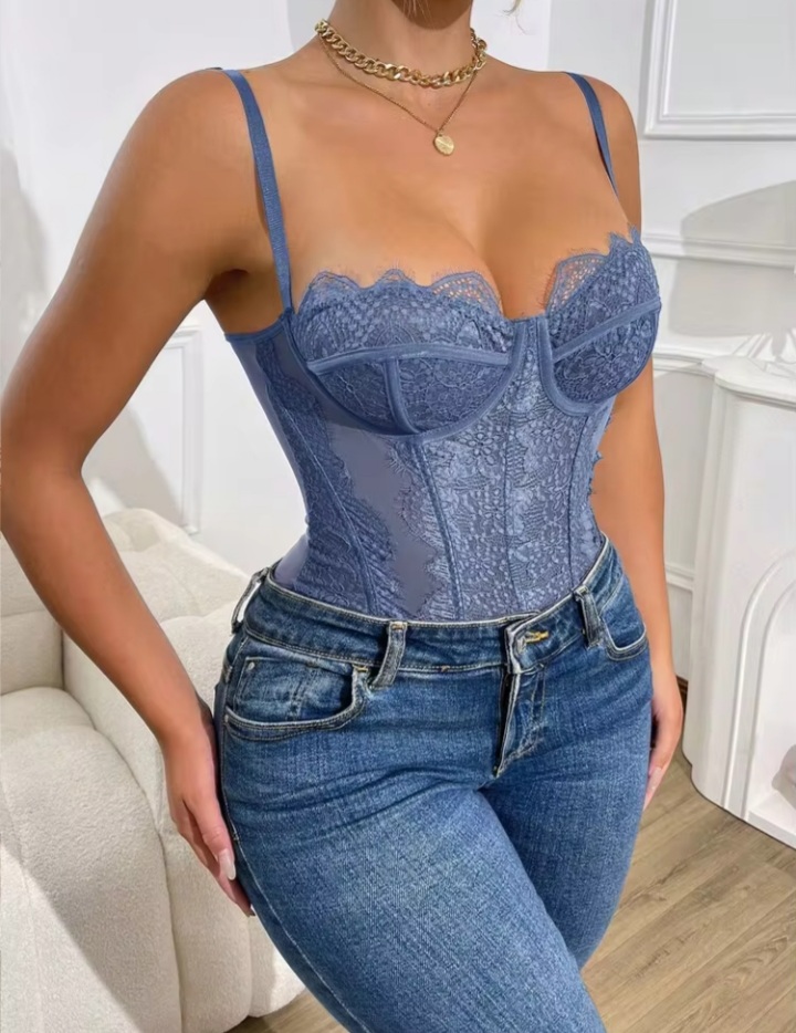 Women’s Burgundy Lace Bustier Bodysuit – Floral Lace Corset Style Camisole Top